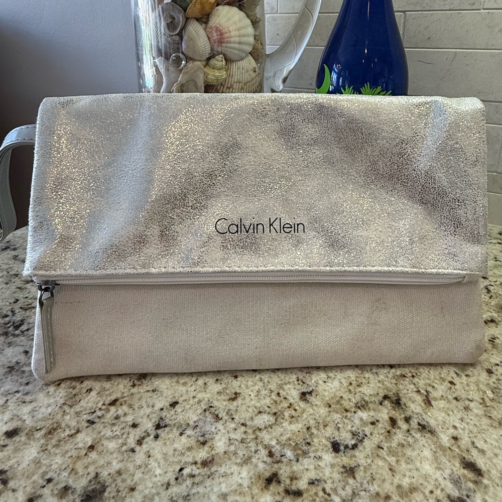 Calvin Klein Silver Metallic Foldover Clutch Wristlet Small Evening Bag